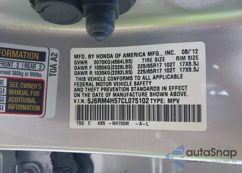 2012 Honda Cr-V Ex from USA, damaged, VIN 5J6RM4H57CL075102